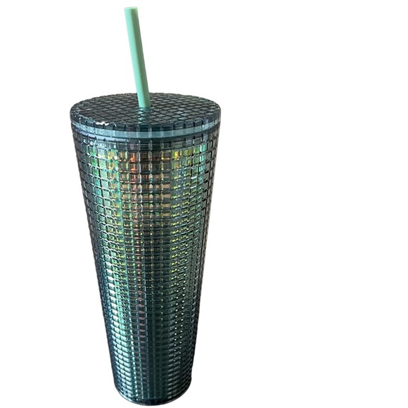 NWT starbucks rainforest green grid 24 oz venti tumbler lid straw reusable - Picture 3 of 5